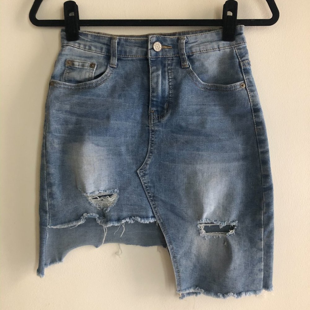 NASTY GAL Asymmetric Distressed Denim Mini Skirt
